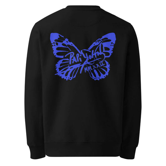 Back view showing the relaxed drape and deep black eco-cotton canvas of the SALA 3 | Attitude Blue Firm Eco Crew by PapiJohn®. Gallery archive piece, honest luxury apparel, and wearable art curated in Cadifornia by $arah Free 💎.