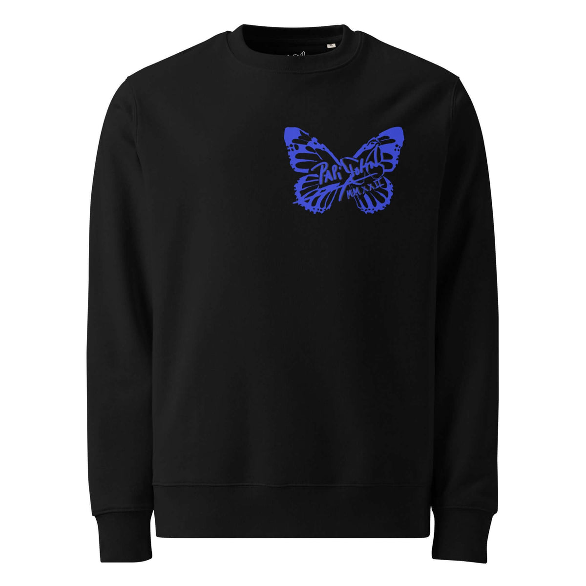 Front view of the SALA 3 | Attitude Blue Firm Eco Crew by PapiJohn®. Featuring the iconic butterfly signature logo in vibrant electric blue on a deep black eco-cotton canvas by $arah Free 💎. High-end streetwear and luxury crewneck curated in Cadifornia.