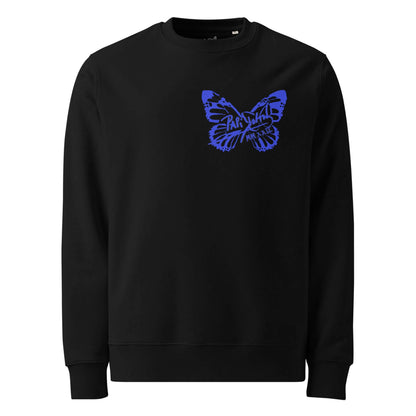 Front view of the SALA 3 | Attitude Blue Firm Eco Crew by PapiJohn®. Featuring the iconic butterfly signature logo in vibrant electric blue on a deep black eco-cotton canvas by $arah Free 💎. High-end streetwear and luxury crewneck curated in Cadifornia.