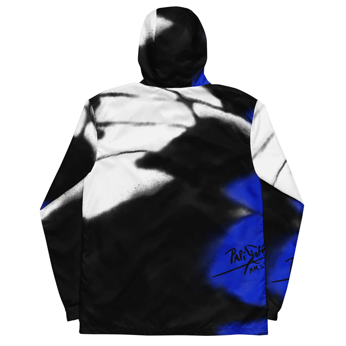 Back view showing the full-coverage electric blue monarch wing expanse and technical drape of the SALA 3 | Attitude Blue Monarca Windbreaker by PapiJohn®. Gallery archive piece, honest luxury windbreaker, and wearable art curated in Cadifornia by $arah Free 💎.