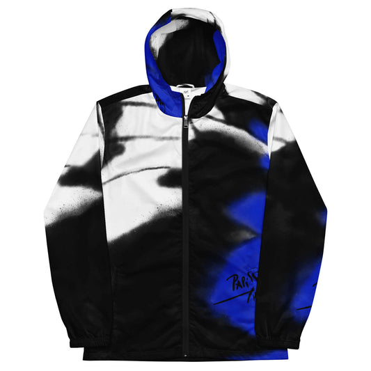 Front view of the SALA 3 | Attitude Blue Monarca Windbreaker by PapiJohn®. Featuring high-density electric blue monarch butterfly wing artwork on full technical canvas by $arah Free 💎. High-end streetwear and luxury outerwear de autor curated in Cadifornia.