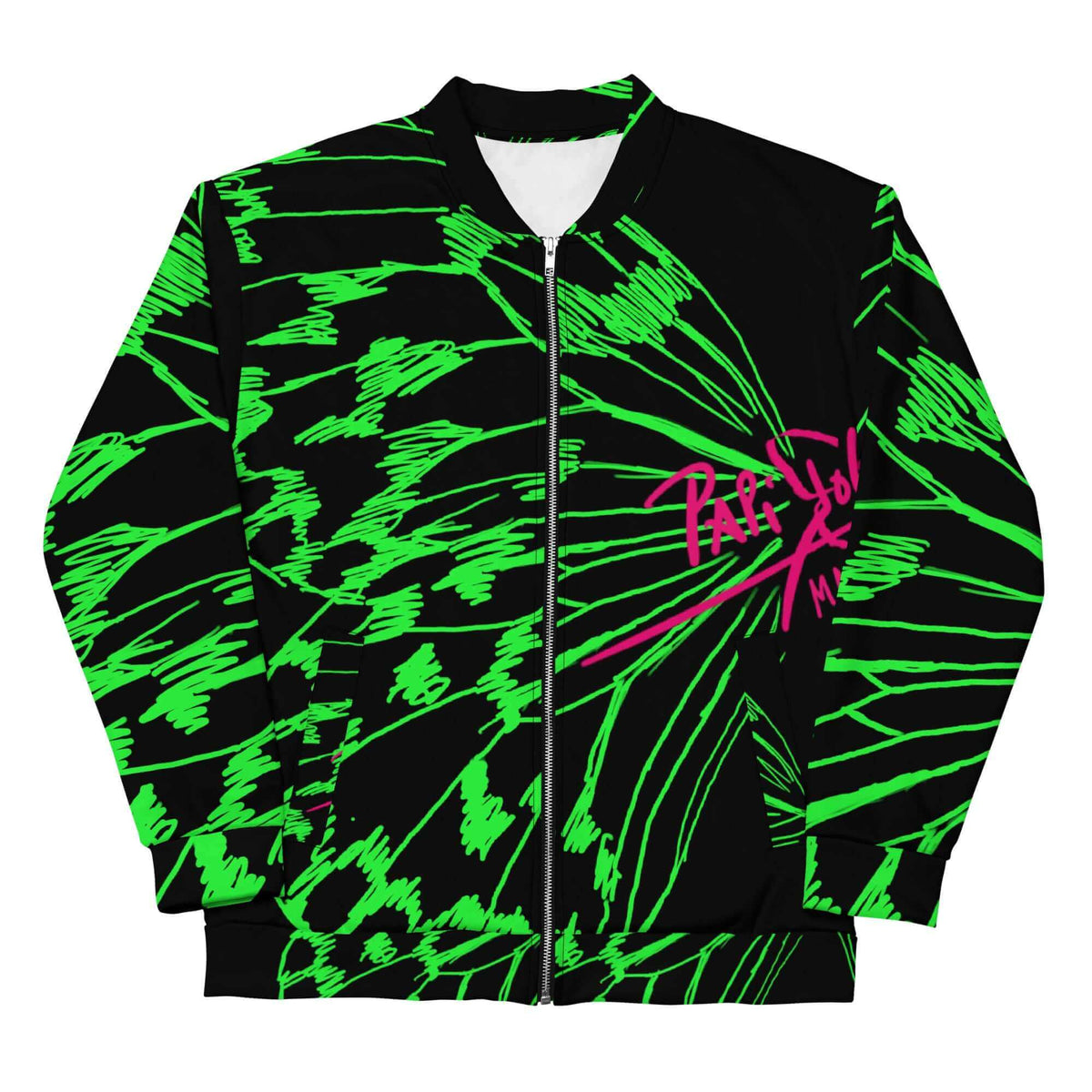 Front view of the SALA 3 | Attitude Boli Graff bomber studio jacket by PapiJohn®. Featuring raw sketch ballpoint artwork, fuchsia pink signature, and neon green shoulder stroke details on faded black canvas by $arah Free 💎. High-end streetwear and luxury outerwear de autor curated in Cadifornia.