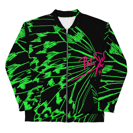 Front view of the SALA 3 | Attitude Boli Graff bomber studio jacket by PapiJohn®. Featuring raw sketch ballpoint artwork, fuchsia pink signature, and neon green shoulder stroke details on faded black canvas by $arah Free 💎. High-end streetwear and luxury outerwear de autor curated in Cadifornia.