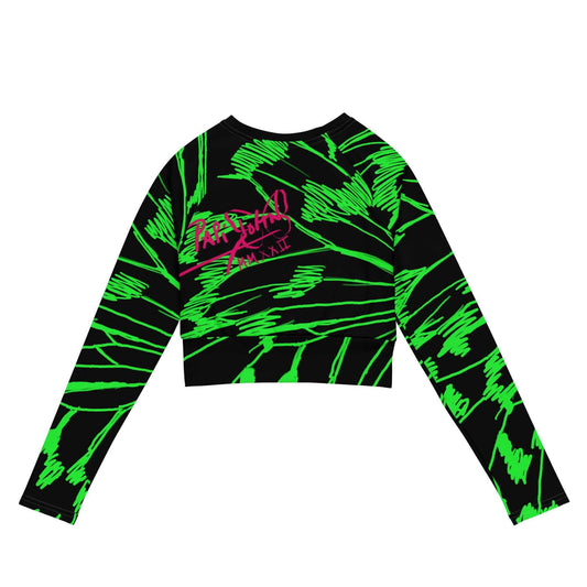 Back view showing the athletic fit and continuous neon green sketch stroke graphics on the SALA 3 | Attitude Boli Graff eco crop top by PapiJohn®. Gallery archive piece, honest luxury crop top, and wearable art curated in Cadifornia by $arah Free 💎.