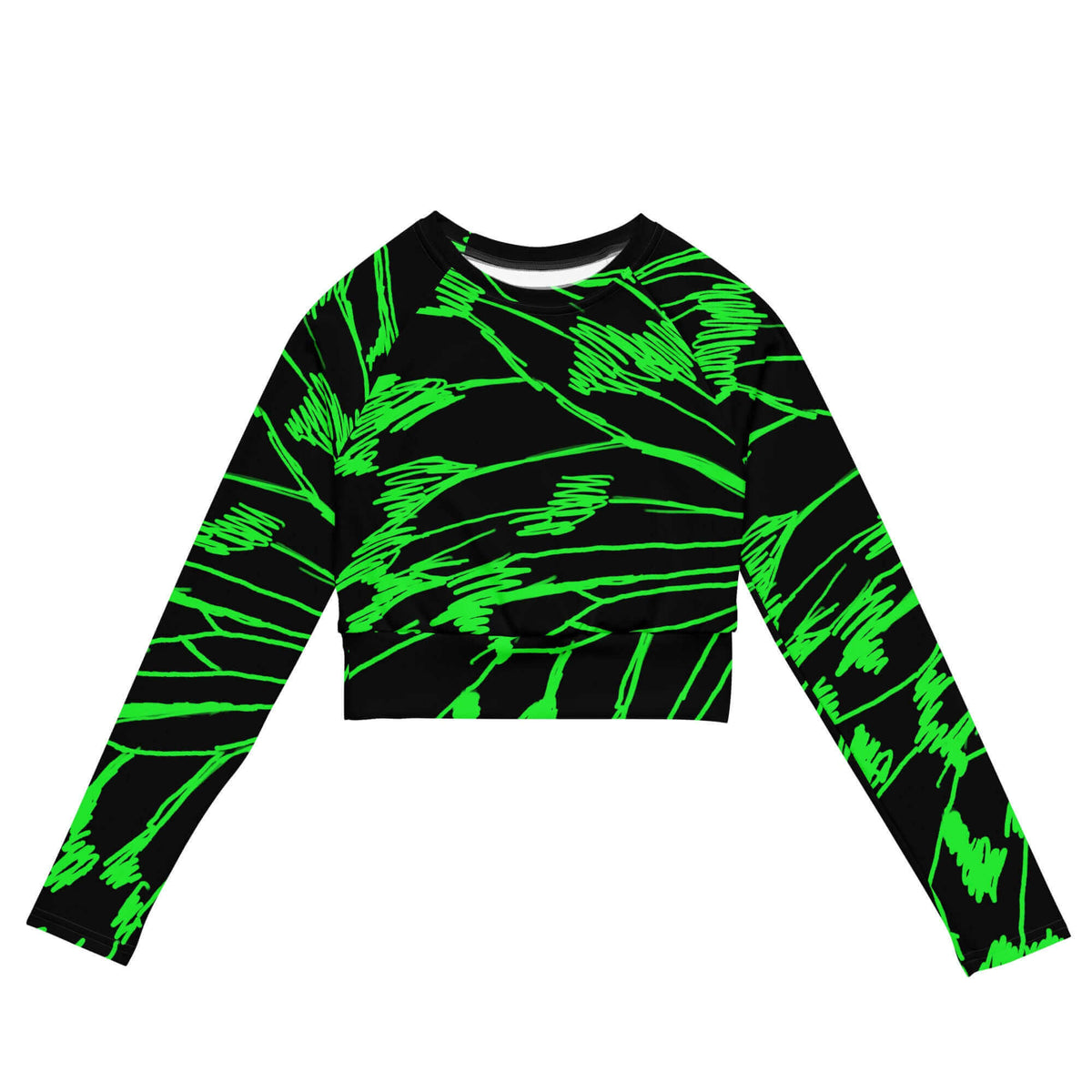 Front view of the SALA 3 | Attitude Boli Graff eco crop top by PapiJohn®. Featuring raw neon green ballpoint sketch monarch butterfly artwork on faded black canvas by $arah Free 💎. High-end streetwear and luxury athleisure de autor curated in Cadifornia.