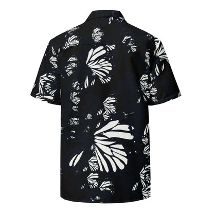 Back view showing the relaxed drape and continuous monochrome monarch butterfly pattern on the SALA 3 | Attitude BW Monarca Surf Shirt by PapiJohn®. Eco studio canvas, gallery archive piece, and honest luxury wearable art curated in Cadifornia by $arah Free 💎.
