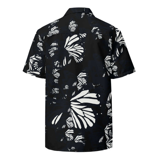 Back view showing the relaxed drape and continuous monochrome monarch butterfly pattern on the SALA 3 | Attitude BW Monarca Surf Shirt by PapiJohn®. Eco studio canvas, gallery archive piece, and honest luxury wearable art curated in Cadifornia by $arah Free 💎.