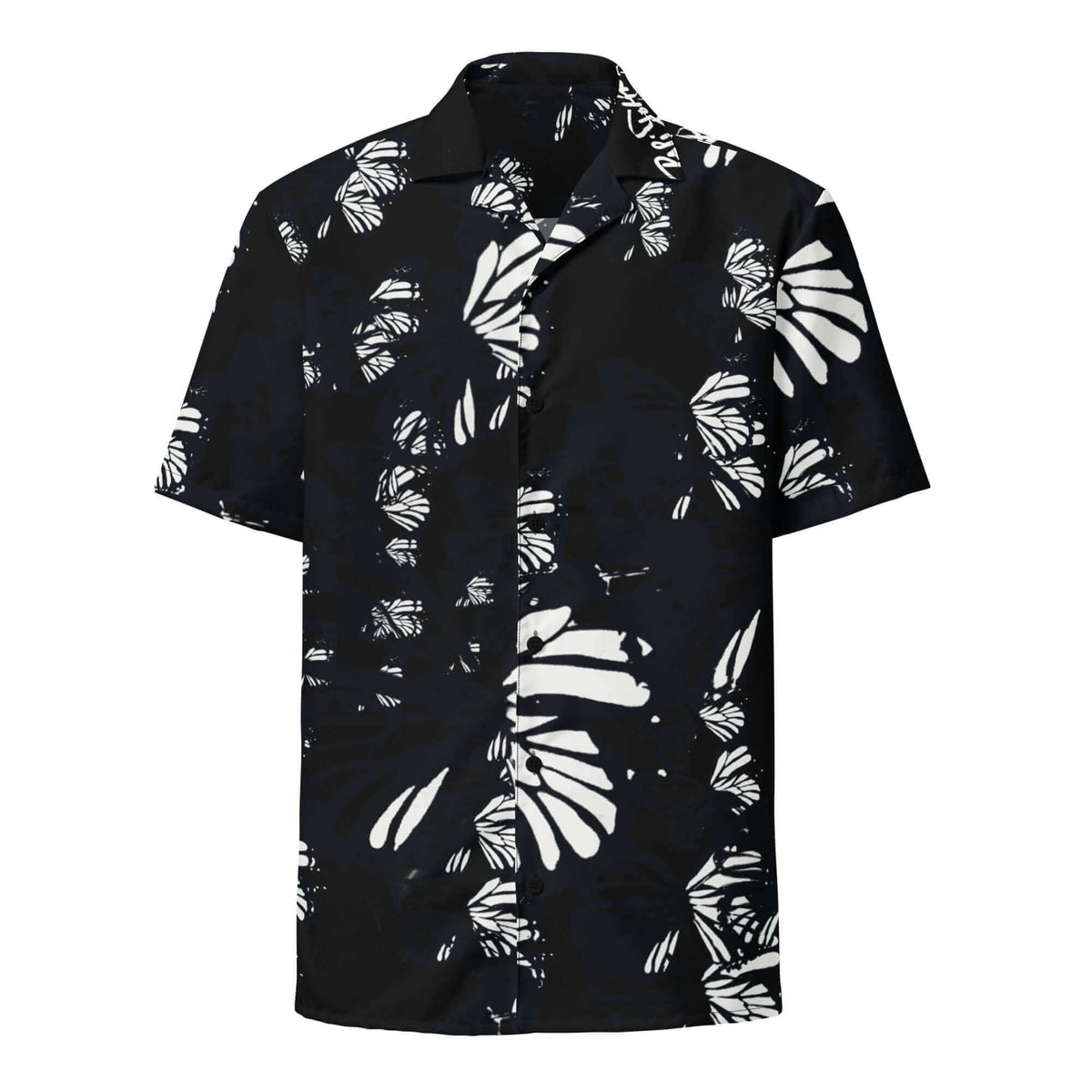 Front view of the SALA 3 | Attitude BW Monarca Surf Shirt by PapiJohn®. Featuring thousands of white monarch butterflies merging over deep black canvas by $arah Free 💎. High-end monochrome streetwear and luxury streetwear de autor curated in Cadifornia.
