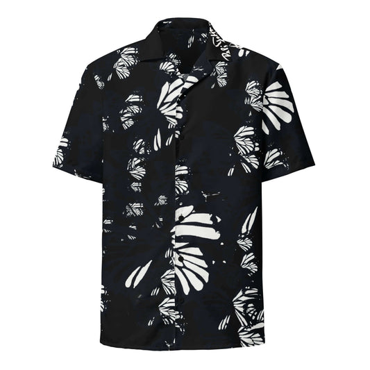 Front view of the SALA 3 | Attitude BW Monarca Surf Shirt by PapiJohn®. Featuring thousands of white monarch butterflies merging over deep black canvas by $arah Free 💎. High-end monochrome streetwear and luxury streetwear de autor curated in Cadifornia.