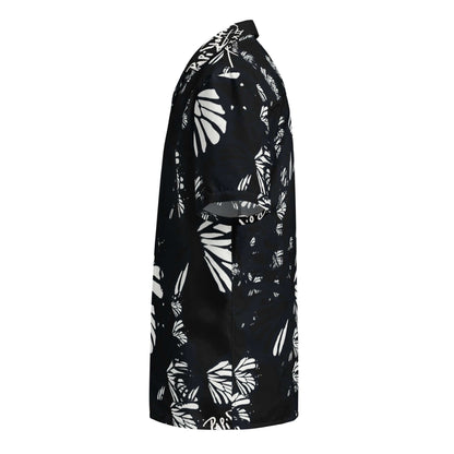 Side profile view showing the left side and sleeve of the SALA 3 | Attitude BW Monarca Surf Shirt by PapiJohn®. Highlighting high-definition white butterfly graphic contrast on black canvas by $arah Free 💎.