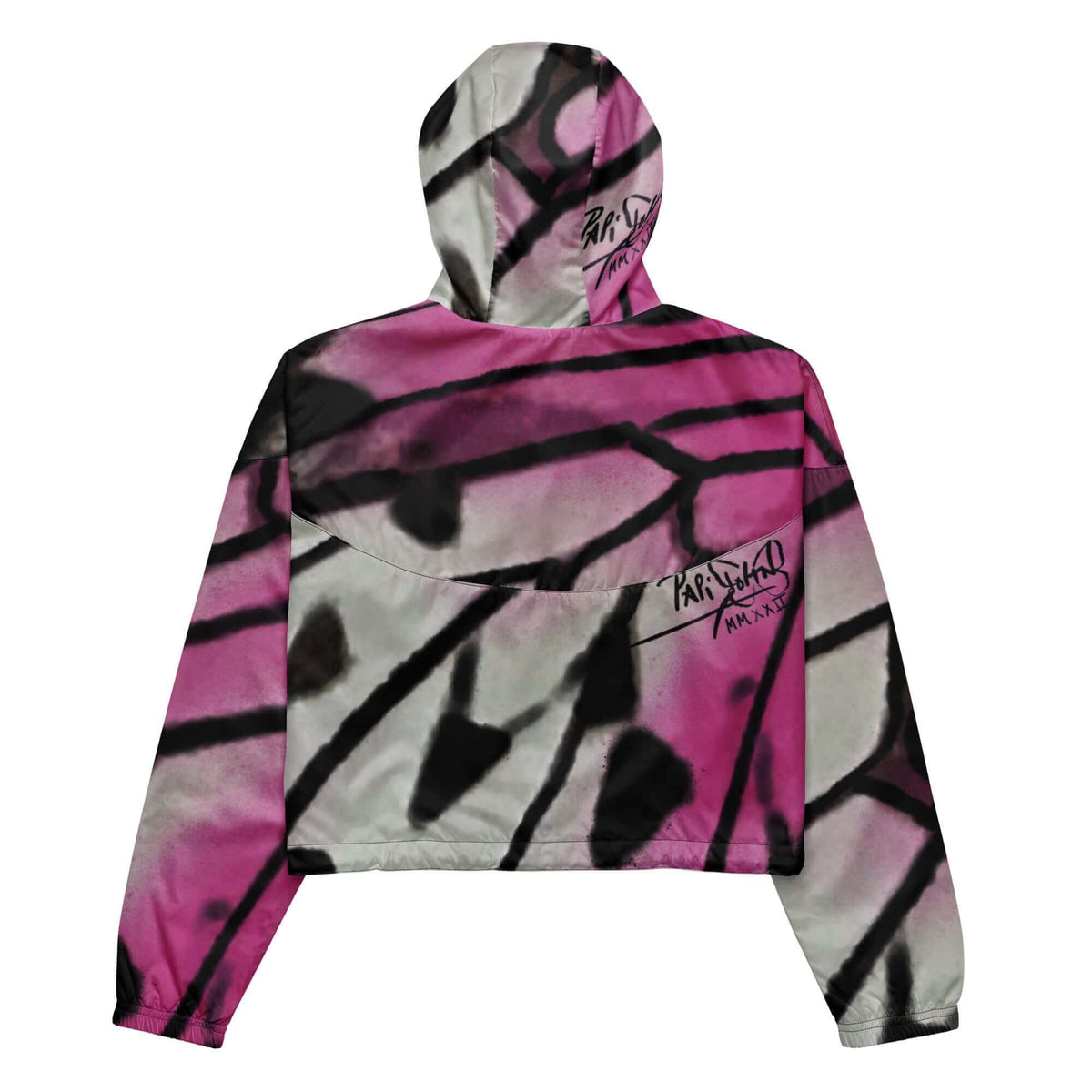 Back view showing the technical cropped silhouette and continuous pink-to-white gradient drape of the SALA 3 | Attitude Crop Pink Fade Windbreaker by PapiJohn®. Gallery archive piece, honest luxury cropped jacket, and wearable art curated in Cadifornia by $arah Free 💎.