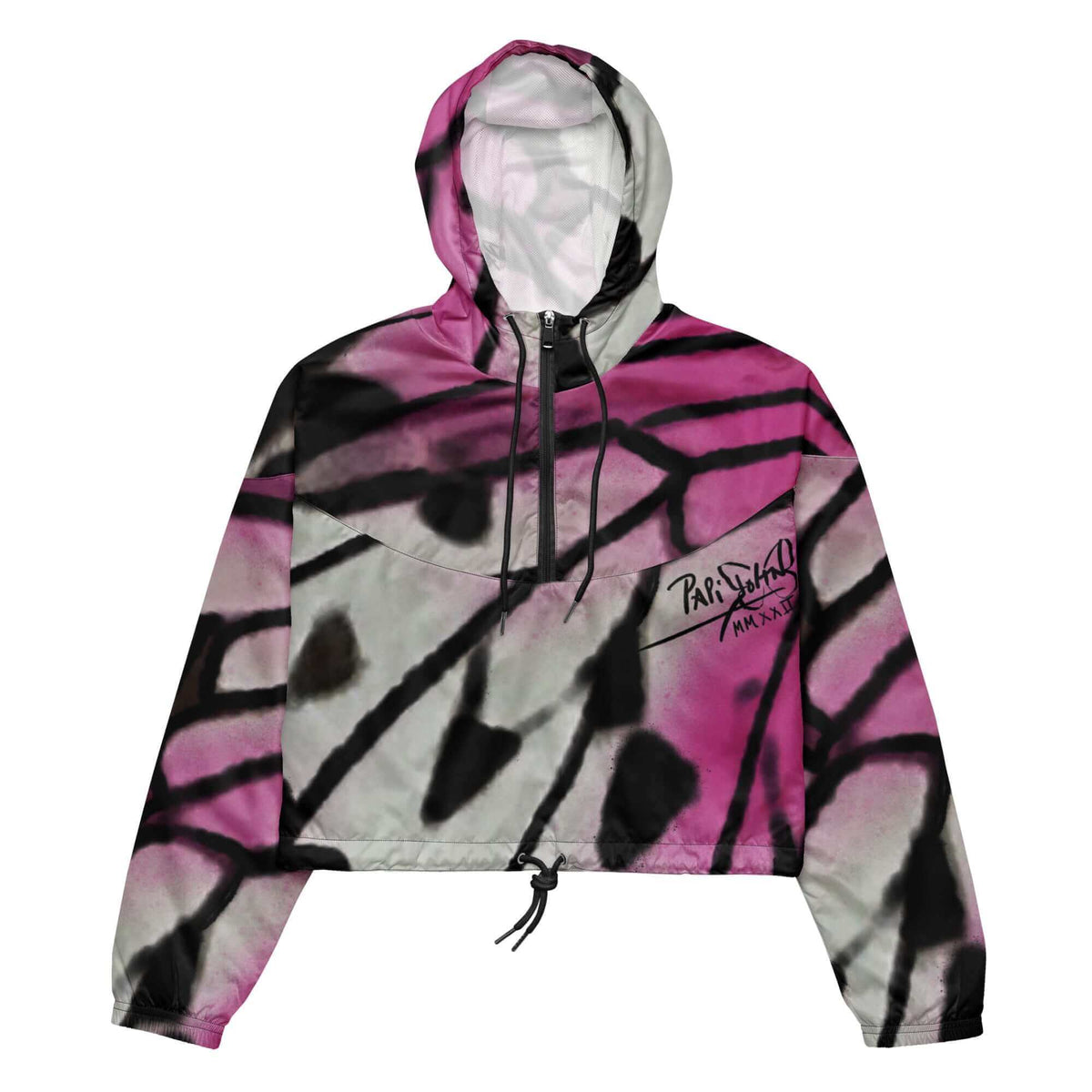 Front view of the SALA 3 | Attitude Crop Pink Fade Windbreaker by PapiJohn®. Featuring macro monarch butterfly wing zoom artwork transitioning from deep blush pink to pure white with raw black spray paint textures by $arah Free 💎. High-end cropped technical outerwear de autor curated in Cadifornia.
