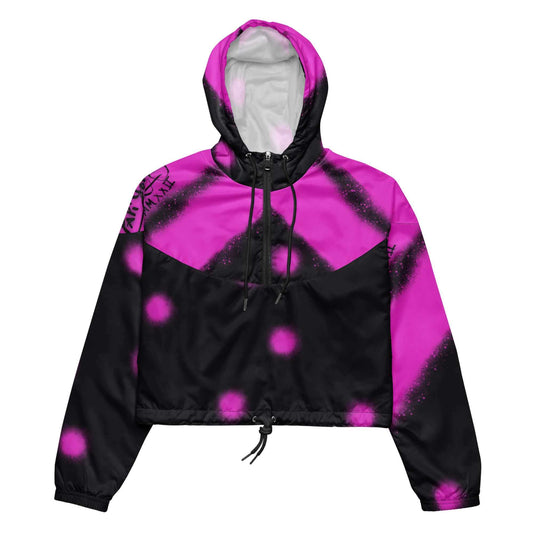 Front view of the SALA 3 | Attitude Crop Rinascimento crop windbreaker jacket by PapiJohn®. Featuring 80s and 90s retro urban energy with fuchsia spray artwork by $arah Free 💎. High-end streetwear and rebel luxury streetwear de autor curated in Cadifornia.