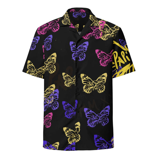 Front view of the SALA 3 | Attitude Eco Flagship Shirt by PapiJohn®. Featuring overlapping pastel-toned monarch butterfly artwork on high-weight faded black organic canvas by $arah Free 💎. High-end streetwear and luxury shirt de autor curated in Cadifornia.