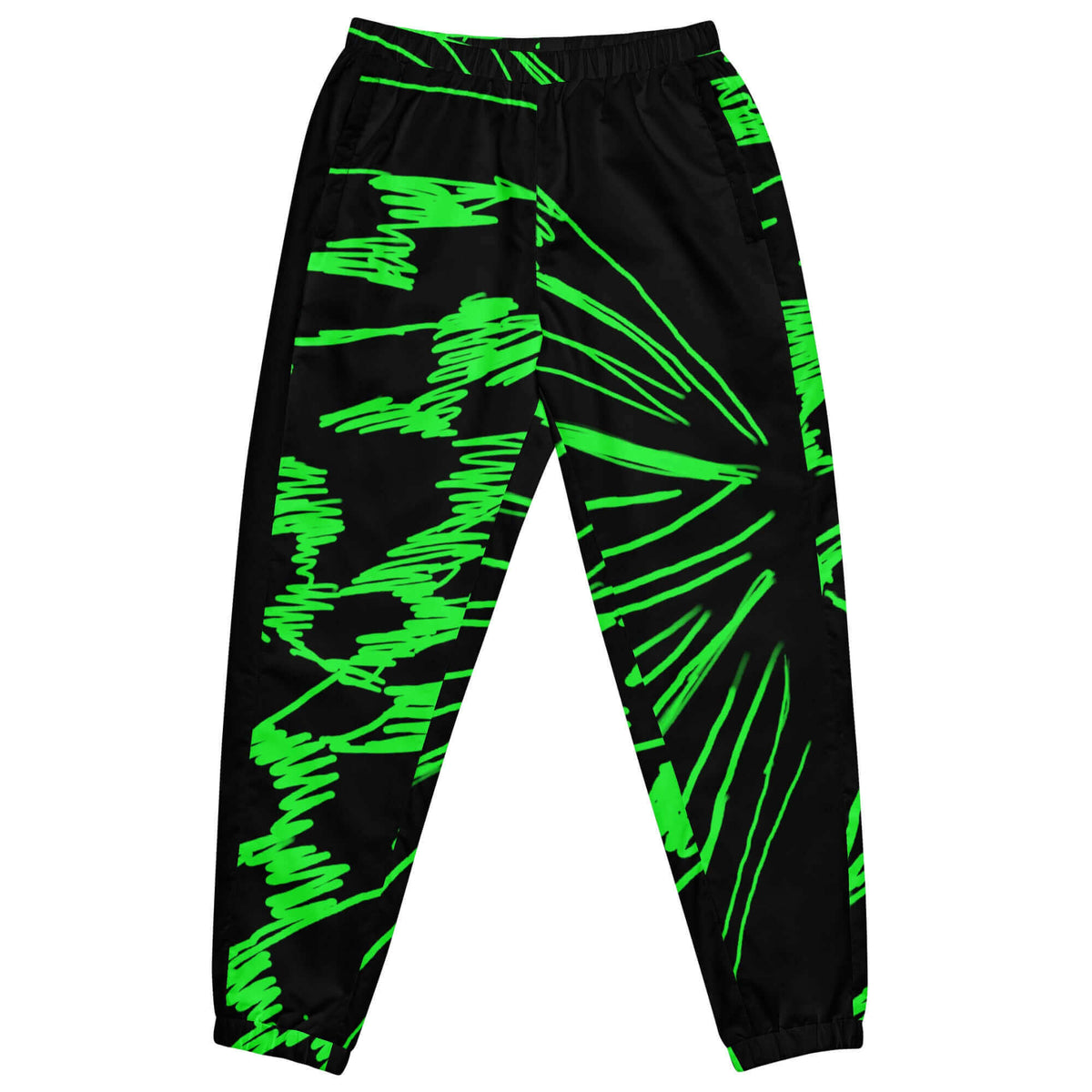 Front view of the SALA 3 | Attitude Graff Boli pants in faded black by PapiJohn®. Featuring asymmetrical raw sketch ballpoint monarch butterfly artwork on the left leg and neon green stroke details on the right leg by $arah Free 💎. High-end streetwear and luxury streetwear de autor curated in Cadifornia.