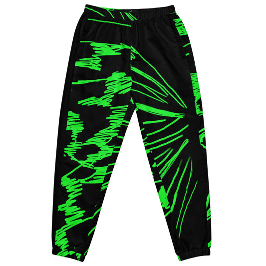 Front view of the SALA 3 | Attitude Graff Boli pants in faded black by PapiJohn®. Featuring asymmetrical raw sketch ballpoint monarch butterfly artwork on the left leg and neon green stroke details on the right leg by $arah Free 💎. High-end streetwear and luxury streetwear de autor curated in Cadifornia.