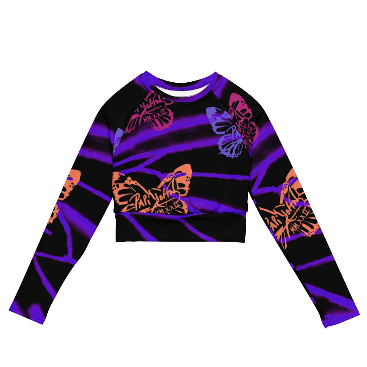 Front view of the SALA 3 | Attitude Graff Layered eco crop top by PapiJohn®. Featuring faded black canvas with a reverse faded purple gradient butterfly wing overlaid with pastel monarch butterflies by $arah Free 💎. High-end streetwear and luxury athleisure de autor curated in Cadifornia.