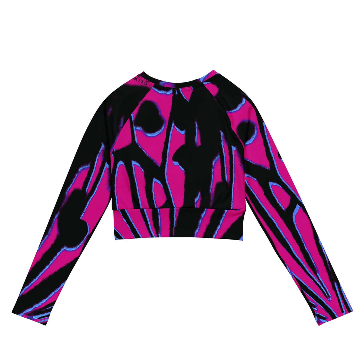 Back view showing the athletic fit and continuous macro monarch wing graphics with metallic blue outlines on the SALA 3 | Attitude Graff Retro eco crop top in vibrant pink by PapiJohn®. Gallery archive piece, honest luxury crop top, and wearable art curated in Cadifornia by $arah Free 💎.