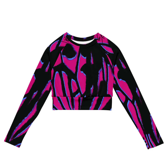 Front view of the SALA 3 | Attitude Graff Retro eco crop top by PapiJohn®. Featuring macro monarch butterfly wing artwork, vibrant pink canvas, and metallic blue gradient outlines by $arah Free 💎. High-end streetwear and luxury athleisure de autor curated in Cadifornia.