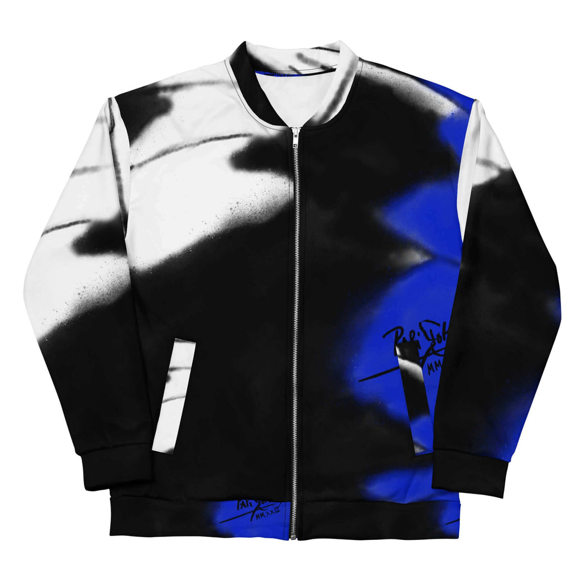 Front view of the SALA 3 | Attitude Monarca Azul bomber studio jacket by PapiJohn®. Featuring deconstructed blue monarch butterfly graffiti artwork on black canvas by $arah Free 💎. High-end streetwear and luxury outerwear de autor curated in Cadifornia.