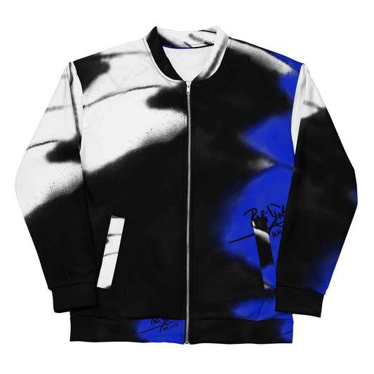 Front view of the SALA 3 | Attitude Monarca Azul bomber studio jacket by PapiJohn®. Featuring deconstructed blue monarch butterfly graffiti artwork on black canvas by $arah Free 💎. High-end streetwear and luxury outerwear de autor curated in Cadifornia.