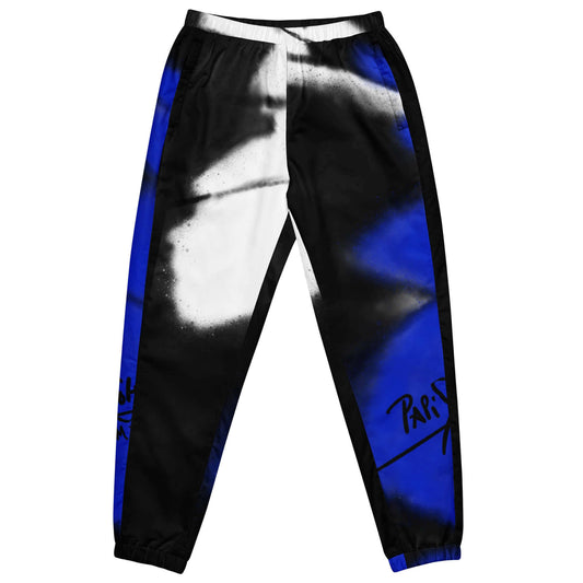 Front view of the SALA 3 | Attitude Monarca Azul pants by PapiJohn®. Featuring deconstructed blue monarch butterfly graffiti artwork by $arah Free 💎. High-end streetwear and rebel luxury streetwear de autor curated in Cadifornia.