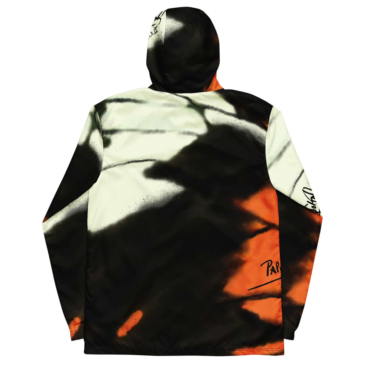 Back view showing the full-length technical silhouette and continuous heritage orange butterfly wing art of the SALA 3 | Attitude Monarca Origin Windbreaker by PapiJohn®. Gallery archive piece, honest luxury jacket, and wearable art curated in Cadifornia by $arah Free 💎.