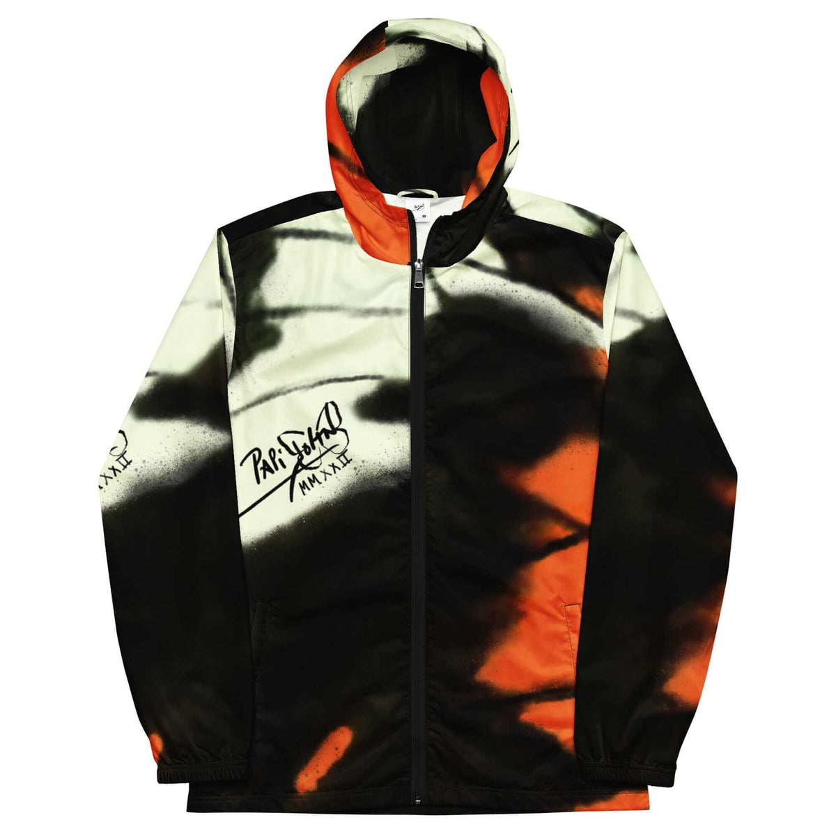 Front view of the SALA 3 | Attitude Monarca Origin Windbreaker by PapiJohn®. Featuring full-coverage heritage orange monarch butterfly wing artwork on a black technical windbreaker silhouette by $arah Free 💎. High-end luxury streetwear and technical outerwear de autor curated in Cadifornia.