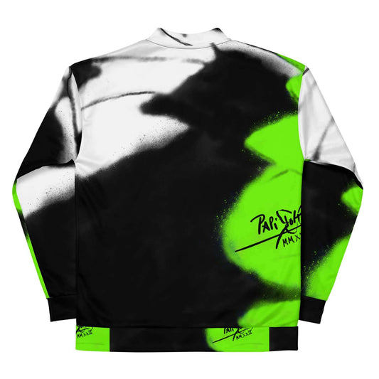 Back view showing the retro unisex fit and full electric neon green monarch butterfly wing back print on the SALA 3 | Attitude Neón Monarca bomber studio jacket by PapiJohn®. Gallery archive piece, honest luxury statement coat, and wearable art curated in Cadifornia by $arah Free 💎.