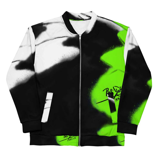 Front view of the SALA 3 | Attitude Neón Monarca bomber studio jacket by PapiJohn®. Featuring electric neon green monarch butterfly artwork on black canvas by $arah Free 💎. High-end streetwear and luxury outerwear de autor curated in Cadifornia.