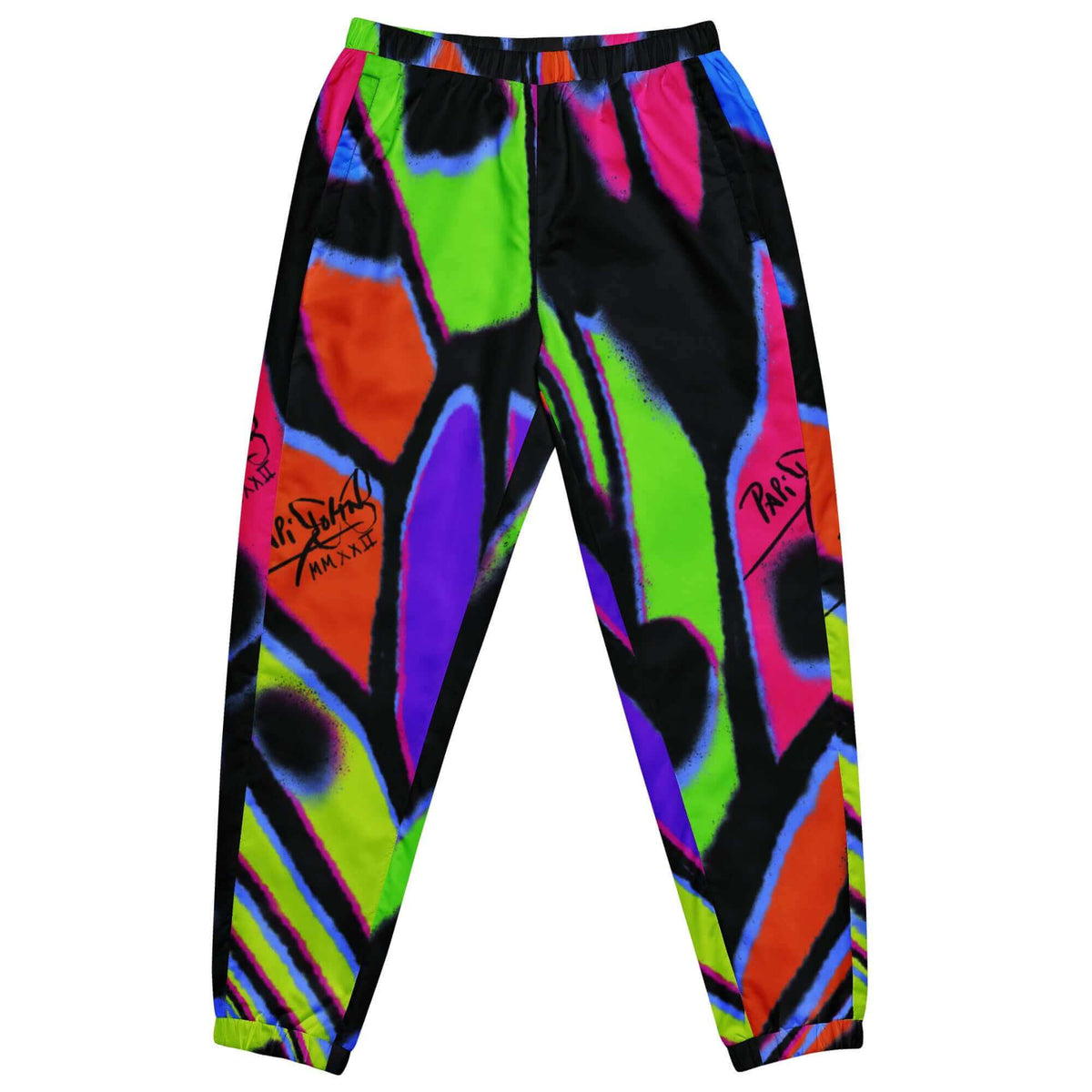 Front view of the SALA 3 | Attitude Neón Monarca pants by PapiJohn®. Featuring electric neon green monarch butterfly graffiti artwork on black canvas by $arah Free 💎. High-end streetwear and honest luxury streetwear de autor curated in Cadifornia.