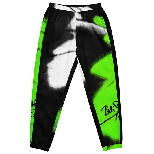Front view of the SALA 3 | Attitude Neón Monarca pants by PapiJohn®. Featuring electric neon green monarch butterfly graffiti artwork on black canvas by $arah Free 💎. High-end streetwear and honest luxury streetwear de autor curated in Cadifornia.