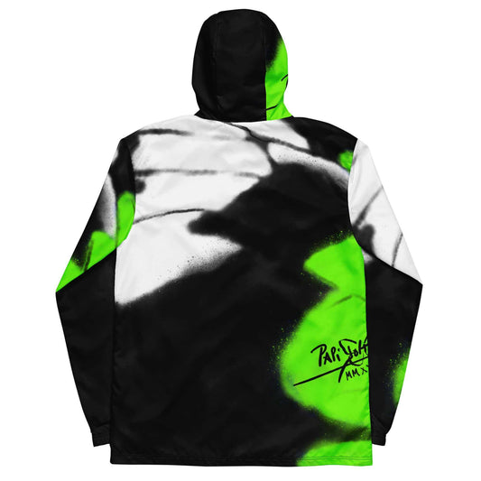 Back view showing the full-coverage fluor neon green wing artwork and technical windbreaker silhouette of the SALA 3 | Attitude Neon Monarca Windbreaker by PapiJohn®. Gallery archive piece, honest luxury technical jacket, and wearable art curated in Cadifornia by $arah Free 💎.