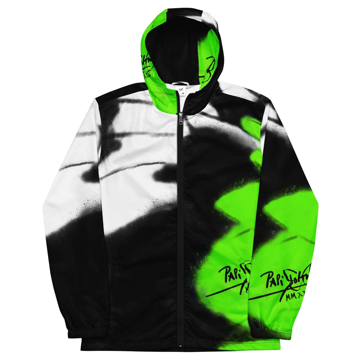 Front view of the SALA 3 | Attitude Neon Monarca Windbreaker by PapiJohn®. Featuring high-density radioactive neon green monarch butterfly wing graphics on black technical canvas by $arah Free 💎. High-end luxury technical outerwear and streetwear de autor curated in Cadifornia.