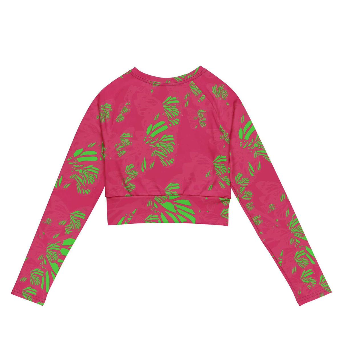 Back view showing the athletic fit and continuous neon yellow butterfly pattern on vibrant pink canvas on the SALA 3 | Attitude Neon Pink eco crop top by PapiJohn®. Gallery archive piece, honest luxury crop top, and wearable art curated in Cadifornia by $arah Free 💎.