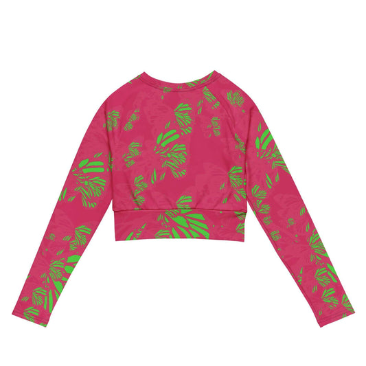 Back view showing the athletic fit and continuous neon yellow butterfly pattern on vibrant pink canvas on the SALA 3 | Attitude Neon Pink eco crop top by PapiJohn®. Gallery archive piece, honest luxury crop top, and wearable art curated in Cadifornia by $arah Free 💎.