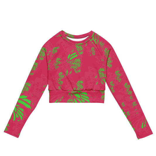 Front view of the SALA 3 | Attitude Neon Pink eco crop top by PapiJohn®. Featuring vibrant pink canvas with neon yellow monarch butterfly swarm artwork by $arah Free 💎. High-end streetwear and luxury athleisure de autor curated in Cadifornia.