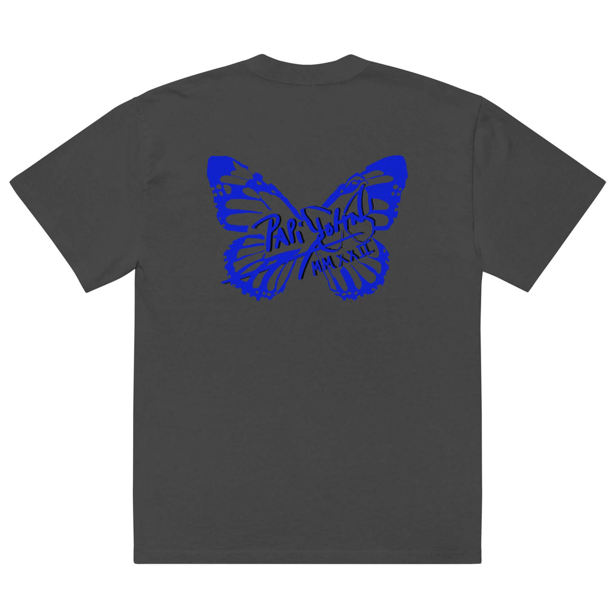 Back view showing the boxy oversized silhouette, dropped shoulders, and washed faded black vintage canvas of the SALA 3 | Attitude Oversize Blue Eco Canvas by PapiJohn®. Honest luxury wearable art curated in Cadifornia by $arah Free 💎.