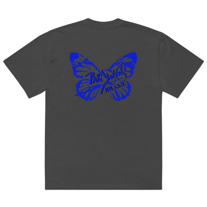 Back view showing the boxy oversized silhouette, dropped shoulders, and washed faded black vintage canvas of the SALA 3 | Attitude Oversize Blue Eco Canvas by PapiJohn®. Honest luxury wearable art curated in Cadifornia by $arah Free 💎.