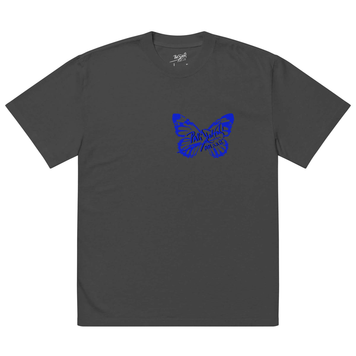 Front view of the SALA 3 | Attitude Oversize Blue Eco Canvas by PapiJohn® in Faded Black. Featuring a heavy boxy vintage fit with electric blue butterfly signature artwork by $arah Free 💎. High-end oversized streetwear curated in Cadifornia.