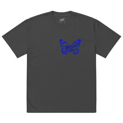 Front view of the SALA 3 | Attitude Oversize Blue Eco Canvas by PapiJohn® in Faded Black. Featuring a heavy boxy vintage fit with electric blue butterfly signature artwork by $arah Free 💎. High-end oversized streetwear curated in Cadifornia.