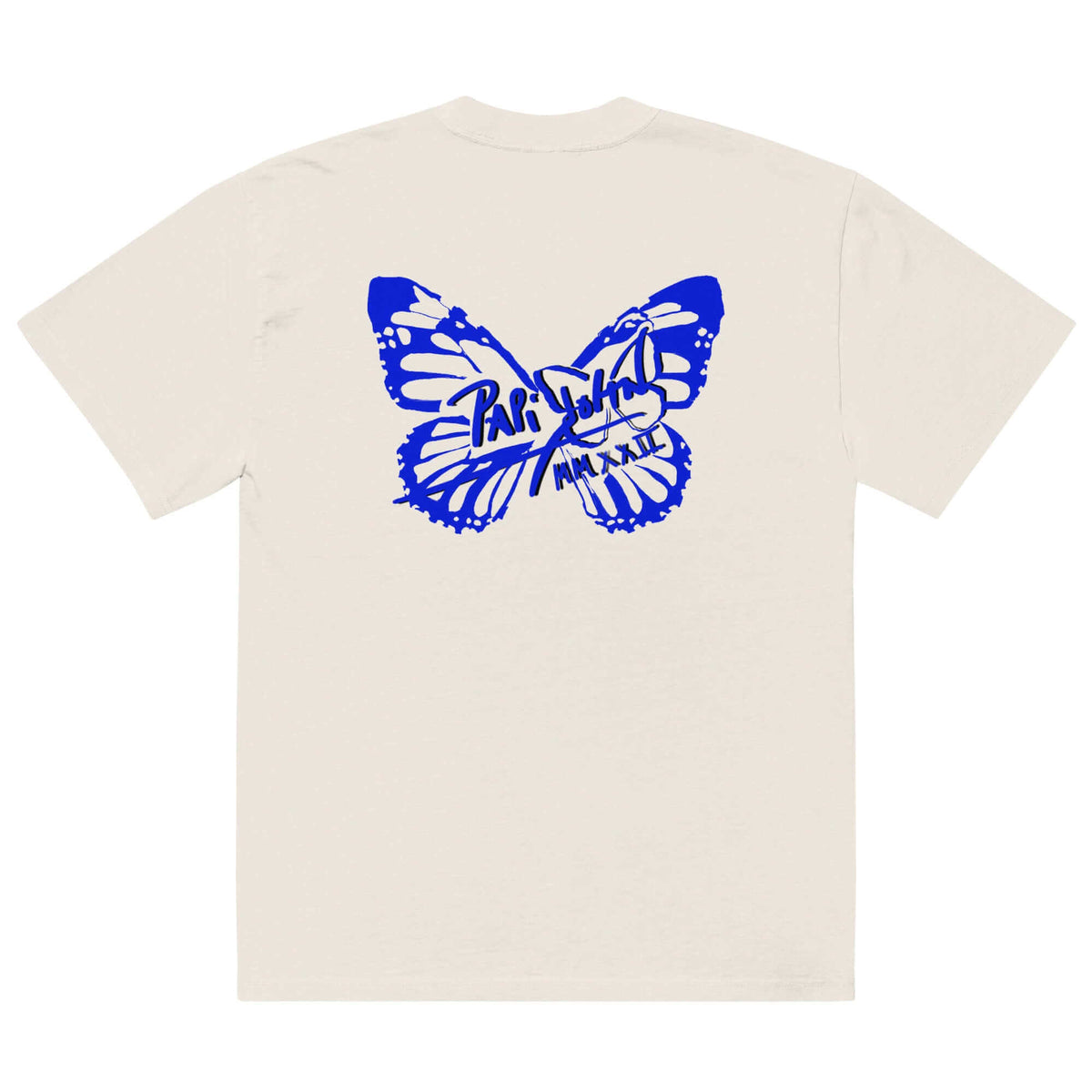 Back view showing the boxy fit and subtle off-white faded bone cotton texture of the SALA 3 | Attitude Oversize Blue Eco Canvas by PapiJohn®. Gallery archive piece and honest luxury streetwear curated in Cadifornia by $arah Free 💎.
