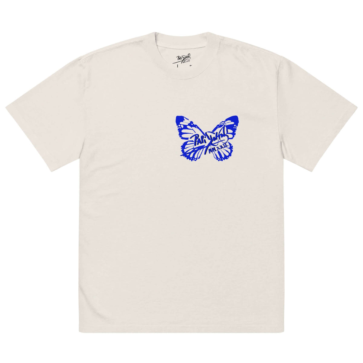 Front view of the SALA 3 | Attitude Oversize Blue Eco Canvas by PapiJohn® in Faded Bone. Featuring high-contrast electric blue butterfly logo artwork on off-white vintage faded bone canvas by $arah Free 💎. High-end streetwear de autor curated in Cadifornia.