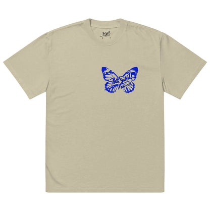Front view of the SALA 3 | Attitude Oversize Blue Eco Canvas by PapiJohn® in Faded Eucalyptus. Featuring electric blue monarch butterfly graphics on muted eucalyptus green canvas by $arah Free 💎. High-end luxury oversized streetwear curated in Cadifornia.