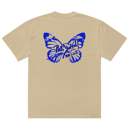 Back view showing the relaxed oversized drape and premium faded khaki cotton texture of the SALA 3 | Attitude Oversize Blue Eco Canvas by PapiJohn®. Gallery archive piece and honest luxury wearable art curated in Cadifornia by $arah Free 💎.