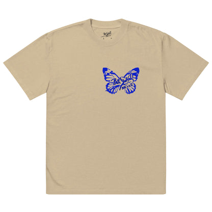 Front view of the SALA 3 | Attitude Oversize Blue Eco Canvas by PapiJohn® in Faded Khaki. Featuring electric blue butterfly signature artwork contrast on vintage-dyed heavy khaki canvas by $arah Free 💎. High-end streetwear de autor curated in Cadifornia.