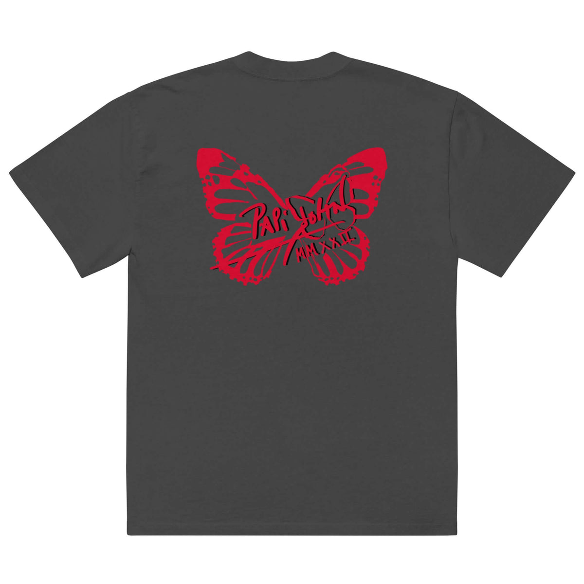 Back view showing the boxy oversized silhouette, dropped shoulders, and washed faded black vintage canvas of the SALA 3 | Attitude Oversize Red Eco Canvas by PapiJohn®. Honest luxury wearable art curated in Cadifornia by $arah Free 💎.