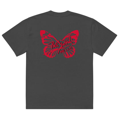 Back view showing the boxy oversized silhouette, dropped shoulders, and washed faded black vintage canvas of the SALA 3 | Attitude Oversize Red Eco Canvas by PapiJohn®. Honest luxury wearable art curated in Cadifornia by $arah Free 💎.