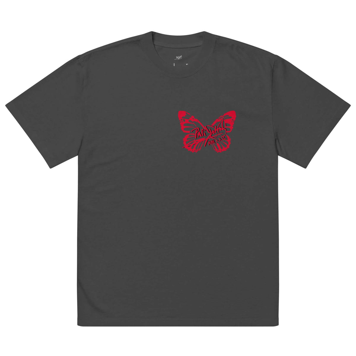 Front view of the SALA 3 | Attitude Oversize Red Eco Canvas by PapiJohn® in Faded Black. Featuring a heavy boxy vintage fit with fiery red butterfly signature artwork by $arah Free 💎. High-end oversized streetwear curated in Cadifornia.