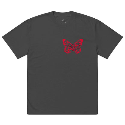 Front view of the SALA 3 | Attitude Oversize Red Eco Canvas by PapiJohn® in Faded Black. Featuring a heavy boxy vintage fit with fiery red butterfly signature artwork by $arah Free 💎. High-end oversized streetwear curated in Cadifornia.